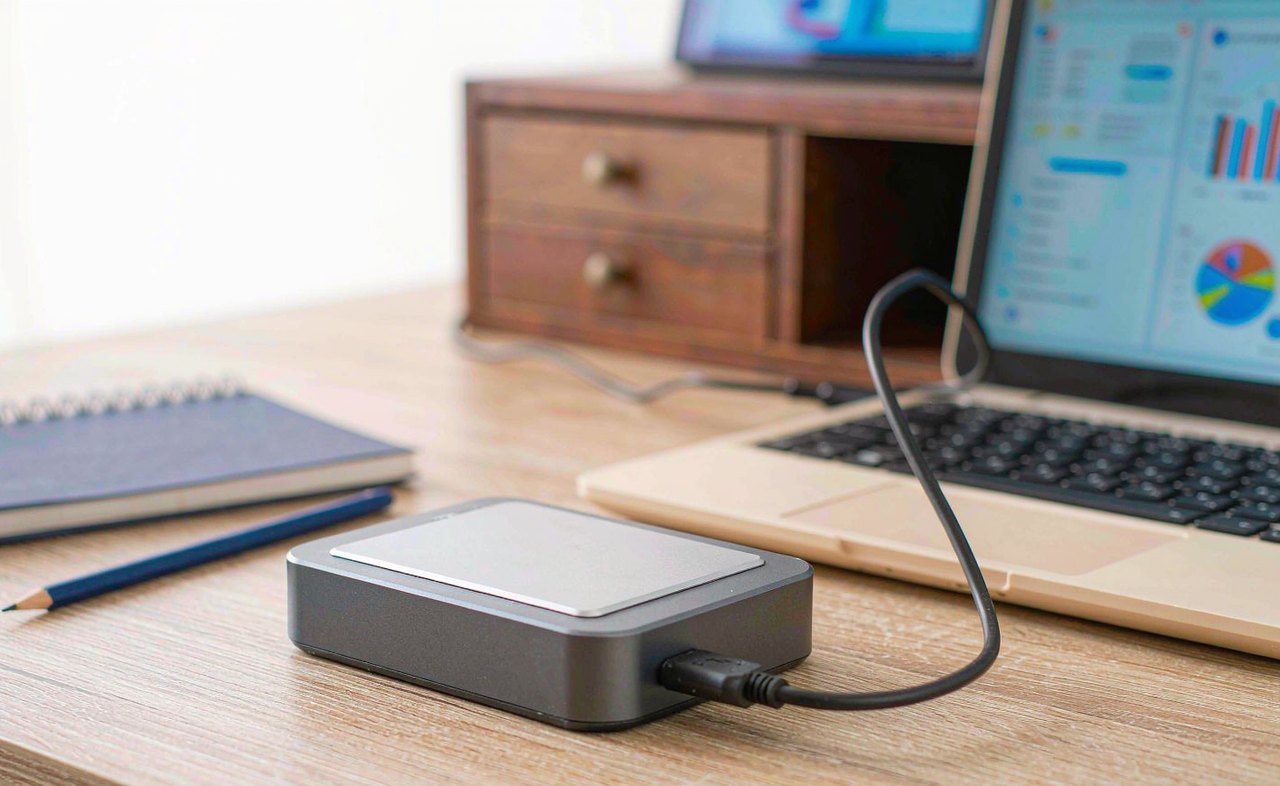 A compact external hard drive connected to a laptop on a tidy desk, with a small cable and notebook beside it