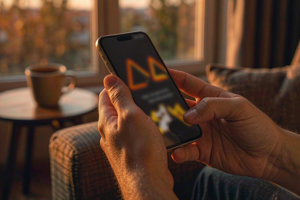 Two hands holding a smartphone showing a glowing warning dialog in a dim living room at dusk