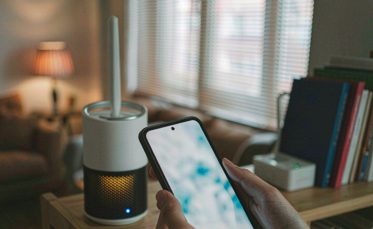 A person holding a smartphone next to a white Wi-Fi router on a bookshelf in warm evening light