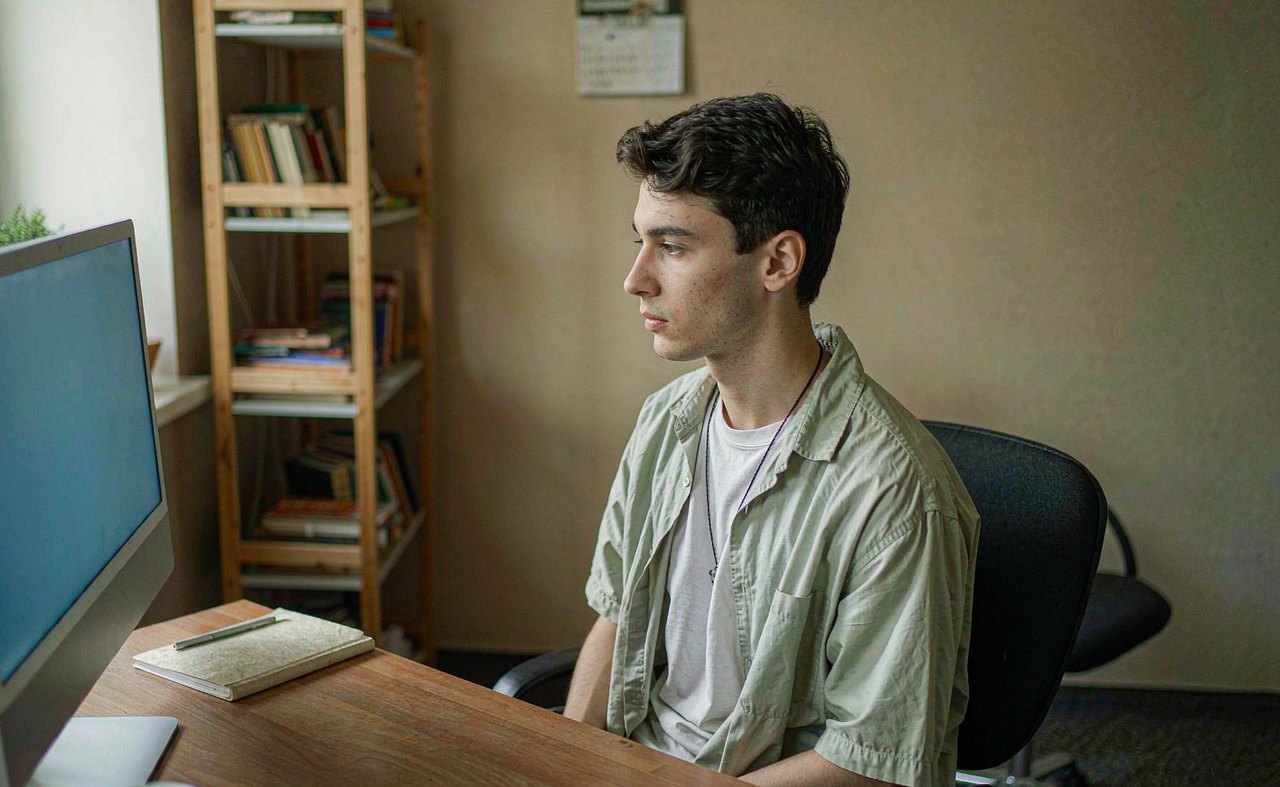 A person at a home desk looking at a desktop monitor whose screen is entirely blue, soft morning light through the window, coffee mug and notebook on the wooden desk