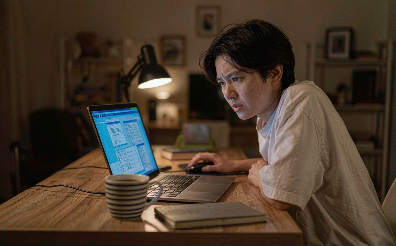 A person troubleshooting a laptop at a wooden desk in warm evening light, with a coffee cup and notebook nearby