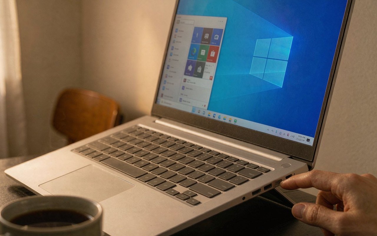 A Windows 11 laptop open on a home-office desk in warm window light, with the Start menu on screen