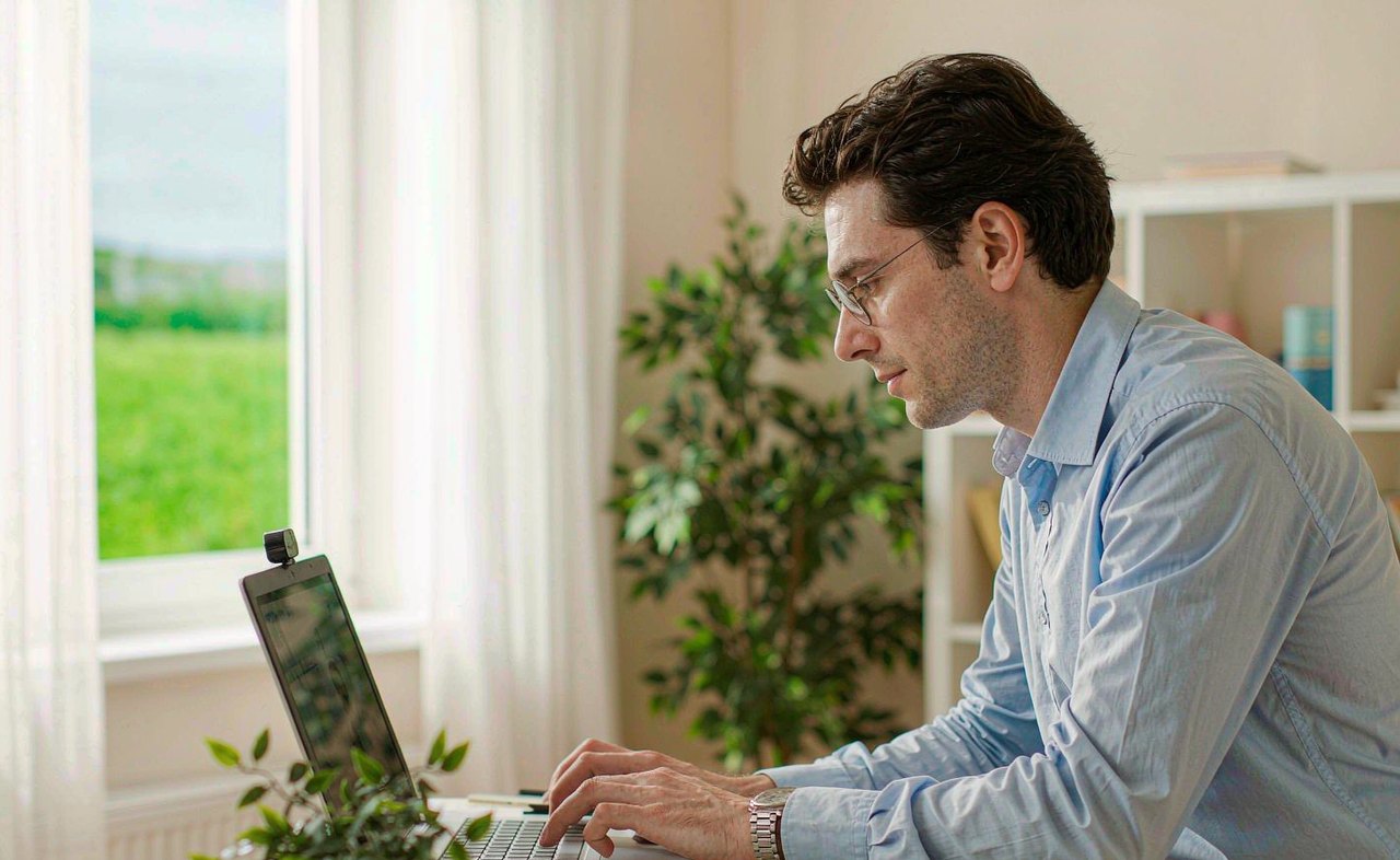 A man on a video call at a bright home desk looking at a laptop with its webcam visible above the screen, plants and a notebook in soft daylight