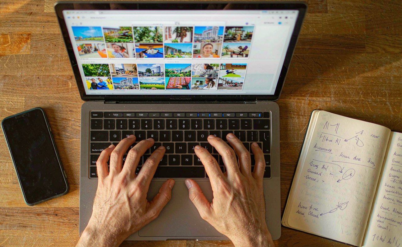 Overhead view of hands pressing keys on a laptop keyboard at a wooden desk, warm afternoon light, a smartphone and open notebook beside the laptop