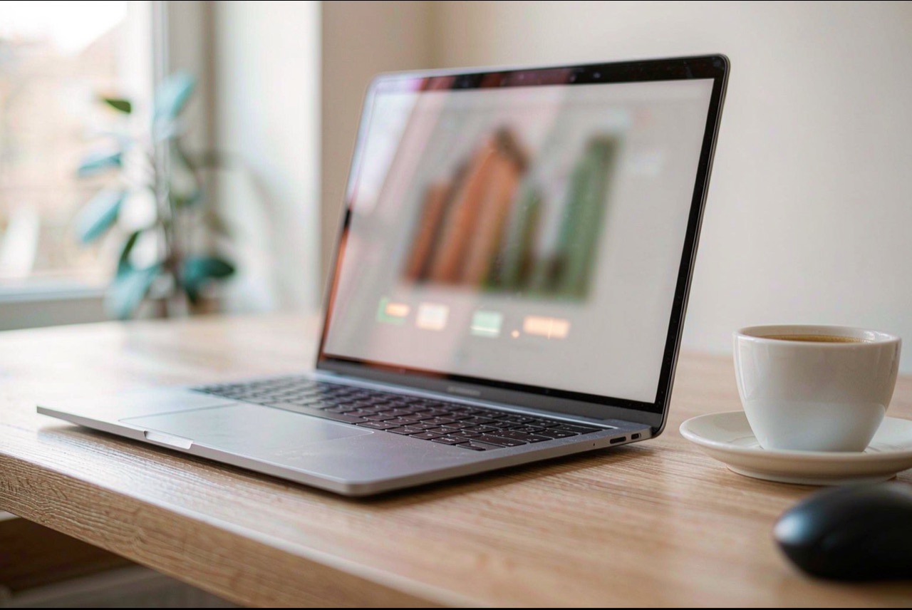 A MacBook open on a wooden desk beside a coffee cup, softly lit by a window