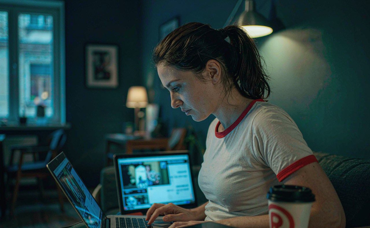 A focused woman at a home office desk running a security scan on a laptop under warm lamp light, an external hard drive and coffee cup beside her, moody teal and amber tones
