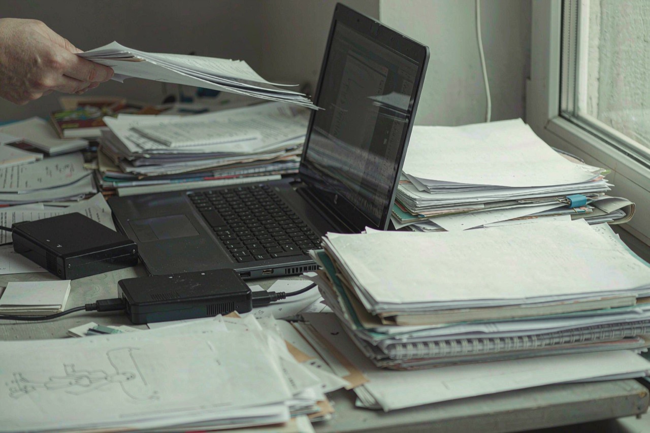 A cluttered desk with a laptop connected to an external drive, being tidied and organized